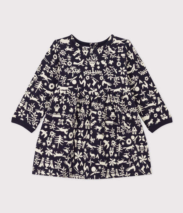 Robe manches longues en tubique matelass&eacute; imprim&eacute; b&eacute;b&eacute; bleu/&eacute;cru