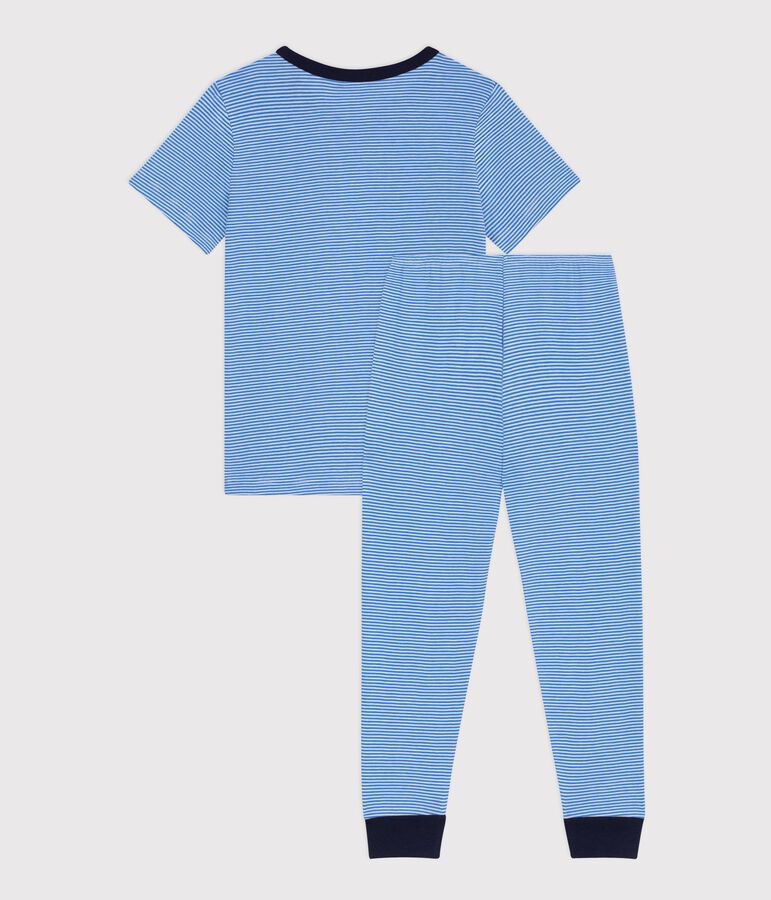 Pyjama enfant en coton manches courtes jambes longues ray&eacute; DELPHINIUM/ MARSHMALLOW
