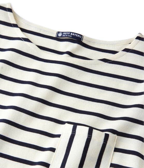 T-shirt femme manches longues en côte originale beige COQUILLE/bleu SMOKING