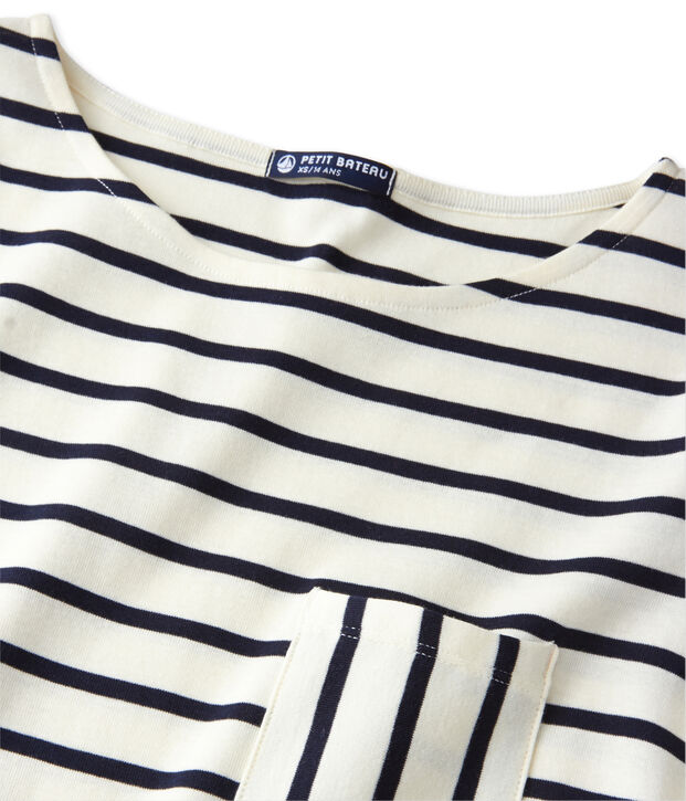 T-shirt femme manches longues en c&ocirc;te originale blanc/bleu