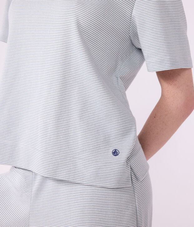 Pyjama femme en coton jambes larges &agrave; rayures gris/blanc