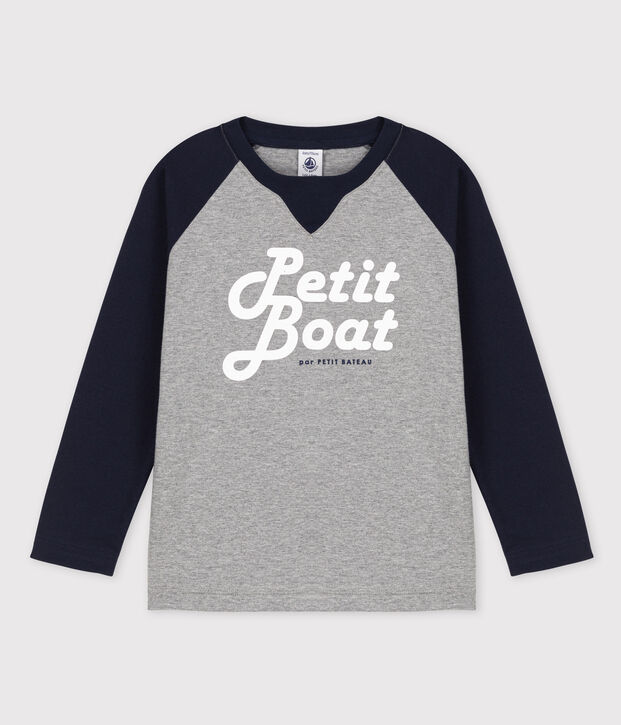 Tee-shirt manches longues en jersey enfant gar&ccedil;on gris/bleu