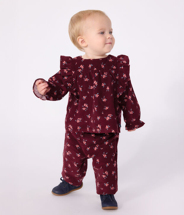 Blouse b&eacute;b&eacute; en velours manches longues imprim&eacute;e fleurs rouge/multicouleur