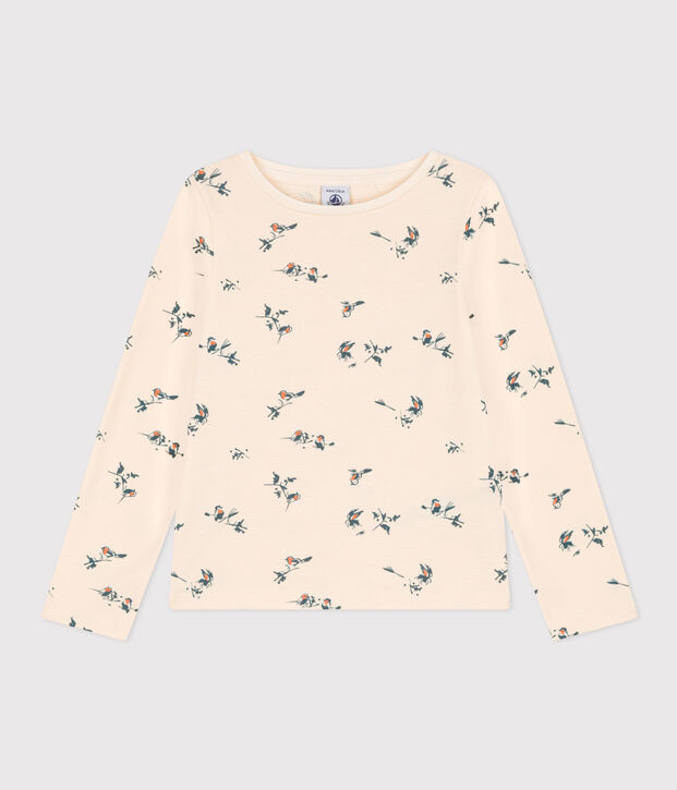 Tee-shirt manches longues en coton imprim&eacute; fleuri enfant fille &eacute;cru/multicouleur