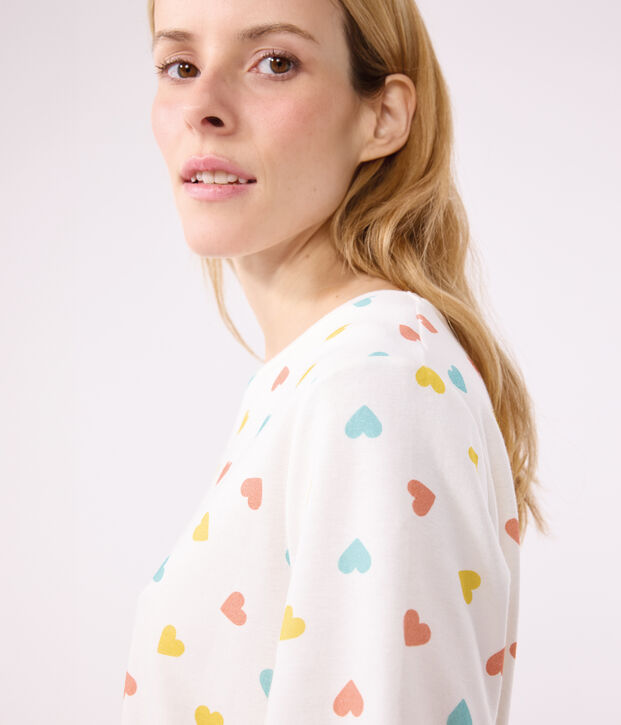 Pyjama short femme en coton imprim&eacute; c&oelig;urs blanc/multicouleur