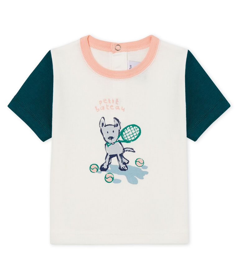 Tee-shirt manches courtes &agrave; motif b&eacute;b&eacute; gar&ccedil;on blanc MARSHMALLOW/vert PINEDE CN