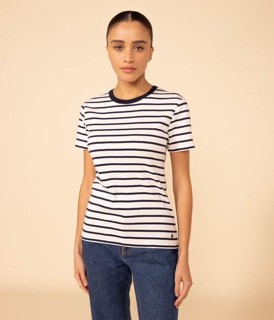 Tee-shirt L'ICONIQUE col rond en coton Femme blanc MARSHMALLOW/bleu SMOKING