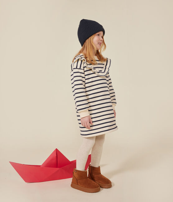 Robe manches longues en molleton gratté enfant fille blanc AVALANCHE/bleu SMOKING