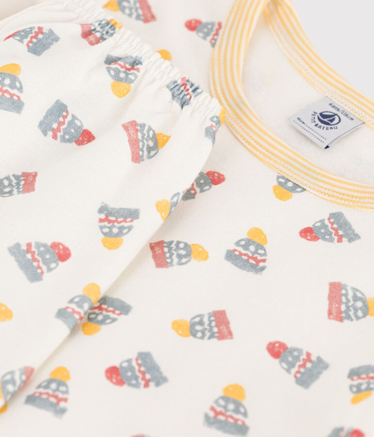 Pyjama imprim&eacute; bonnet en molleton blanc MARSHMALLOW/blanc MULTICO