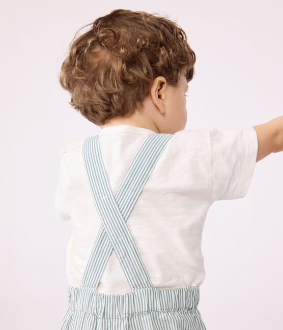 Salopette bébé en coton jambes courtes, rayée blanc MARSHMALLOW/bleu BRUT