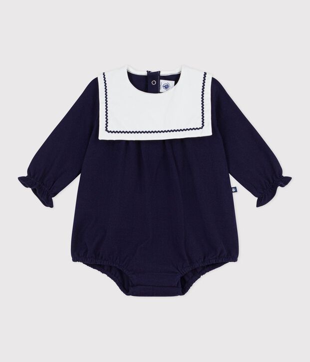 Combinaison courte b&eacute;b&eacute; en coton, &agrave; col esprit marin bleu marine