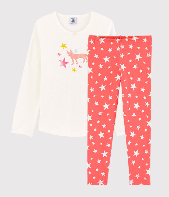 Pyjama étoiles petite fille en coton blanc MARSHMALLOW/rose PEACHY