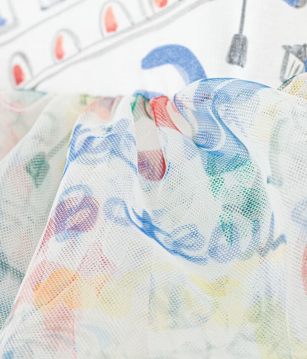 Robe enfant manches courtes en coton et tulle imprim&eacute;e blanc/multicouleur