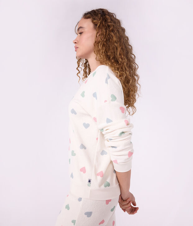 Pyjama femme en coton &eacute;ponge imprim&eacute; c&oelig;urs &eacute;cru/multicouleur