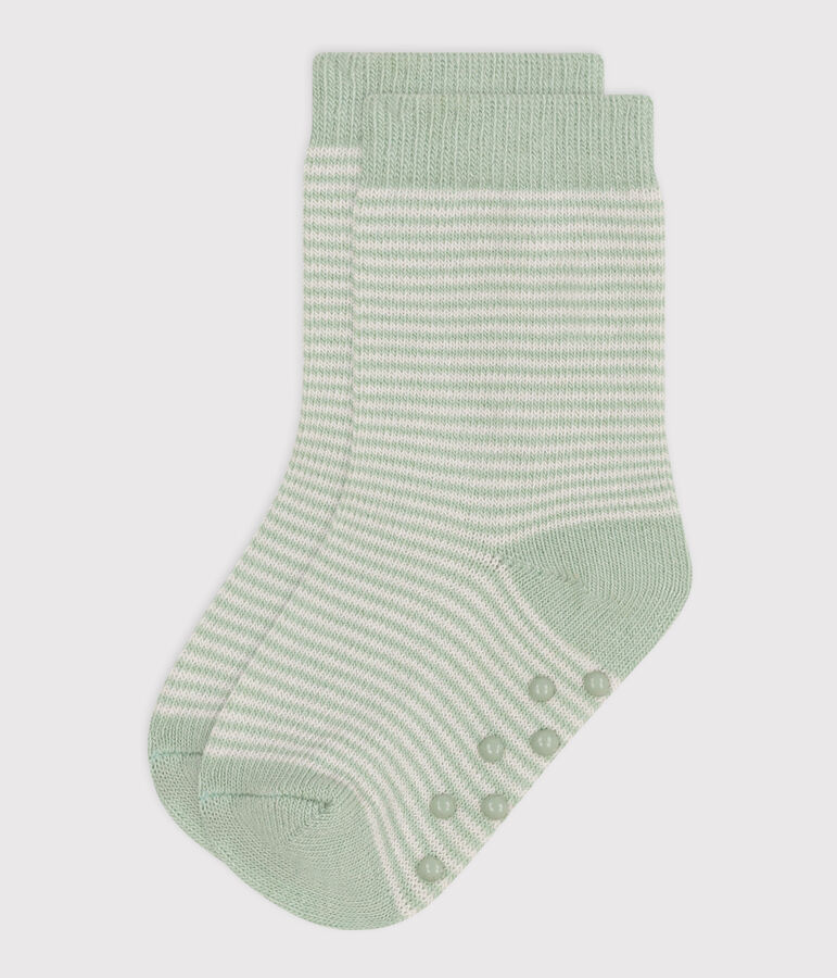 Chaussettes b&eacute;b&eacute; &agrave; rayures en coton antid&eacute;rapantes vert HERBIER/ MARSHMALLOW