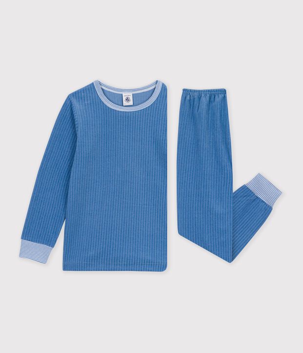 Pyjama enfant en velours c&ocirc;tel&eacute; uni bleu