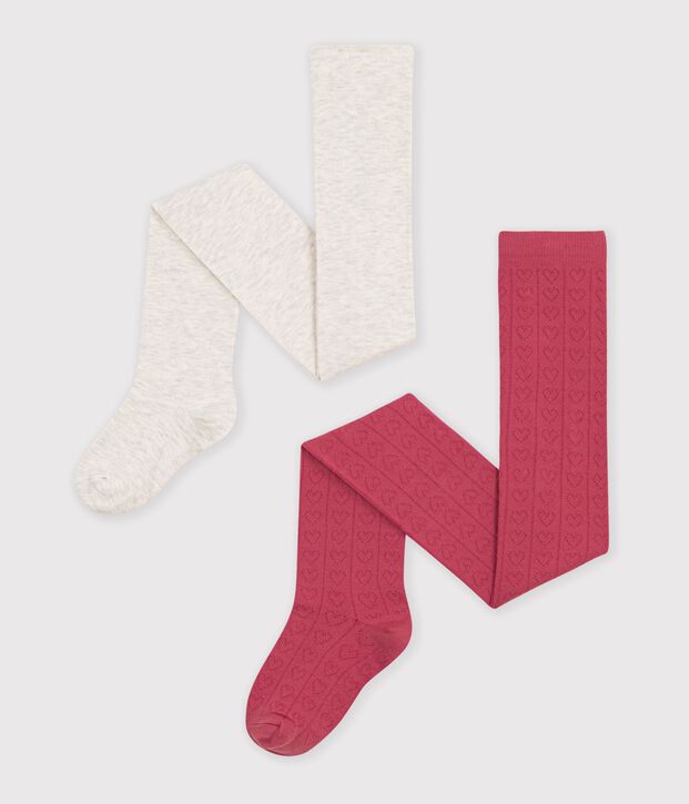Lot de 2 collants enfant en coton ajour&eacute;s c&oelig;urs rose/beige