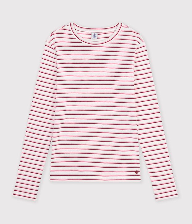 Tee-shirt femme en coton manches longues &agrave; rayures blanc/rouge