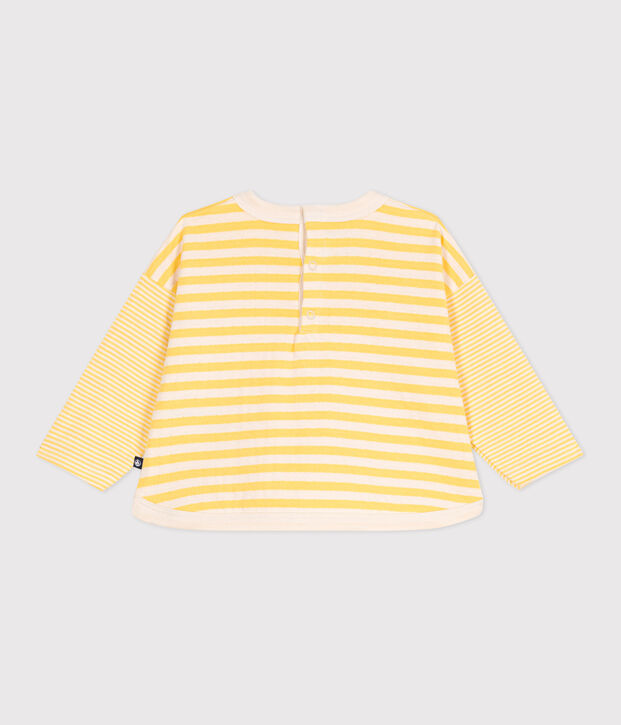 T-shirt b&eacute;b&eacute; en coton &agrave; manches longues ray&eacute; jaune/&eacute;cru