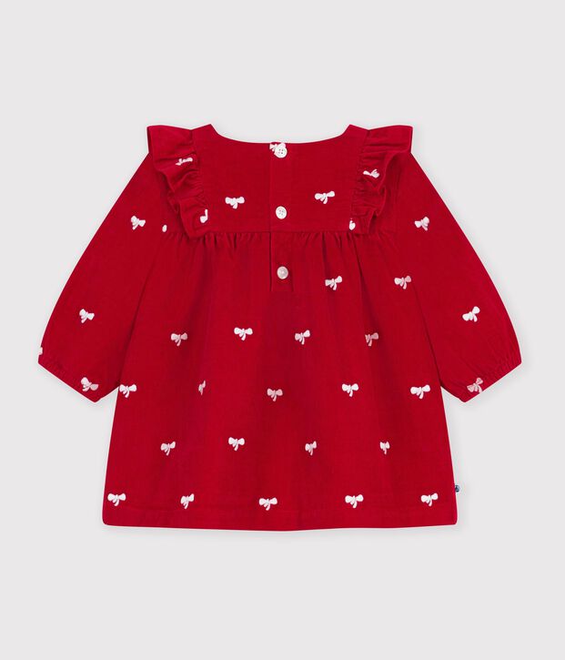 Robe b&eacute;b&eacute; en velours manches longues et broderies motif n&oelig;uds rouge/&eacute;cru