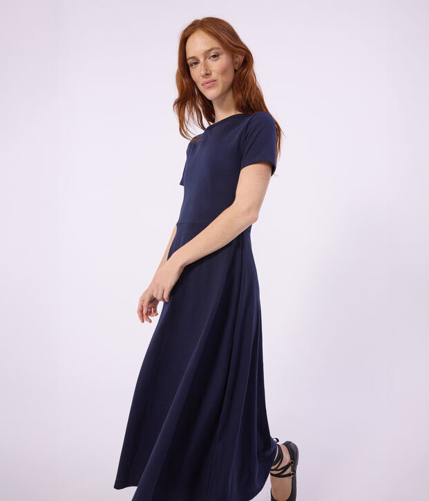 Robe longue femme en coton bleu marine