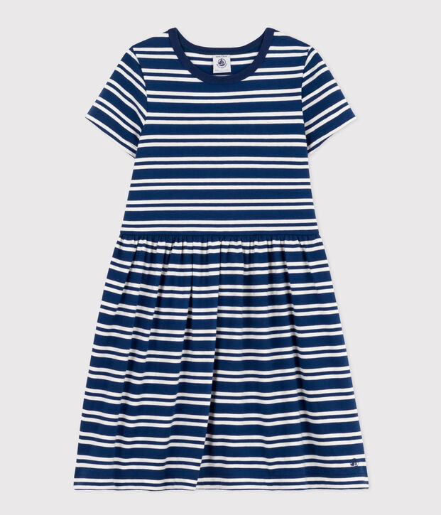 Robe ray&eacute;e manches courtes en coton enfant fille bleu/blanc