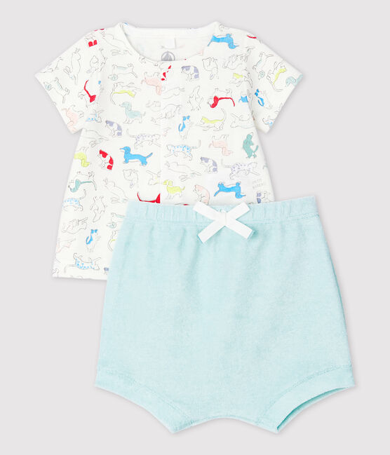 Ensemble 2 pièces chiots colorés bébé en bouclette éponge et en coton biologique blanc MARSHMALLOW/blanc MULTICO