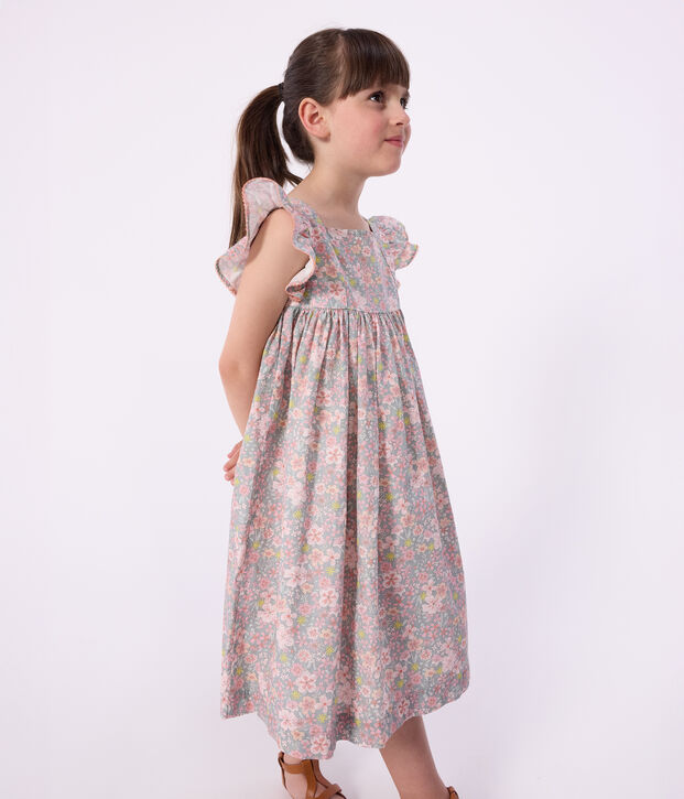 Robe sans manches enfant en coton imprim&eacute;e fleurs bleu/multicouleur