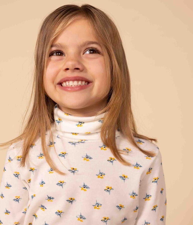 Sous-pull imprim&eacute; fleuri en coton enfant fille blanc MARSHMALLOW/blanc MULTICO