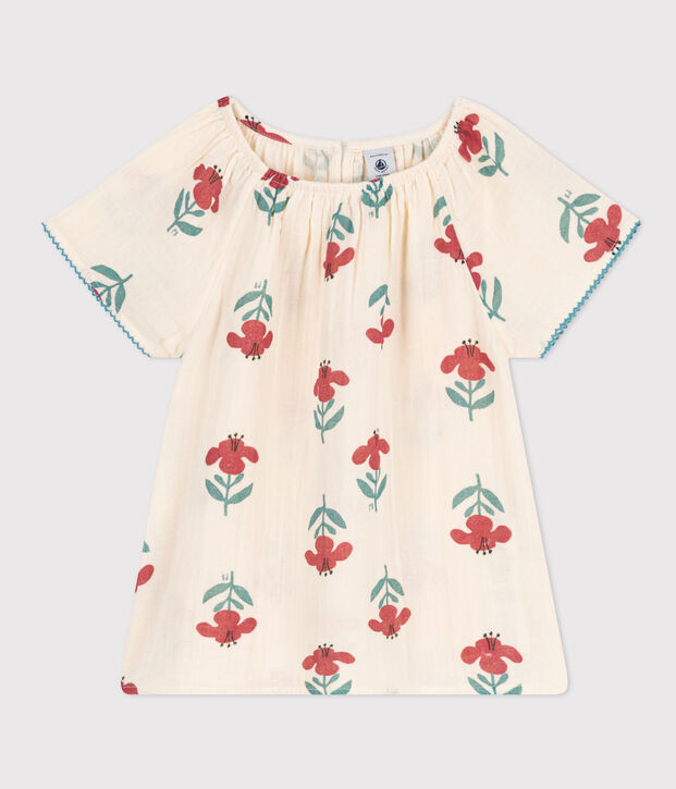 Blouse fleurie en gaze de coton enfant fille &eacute;cru/multicouleur