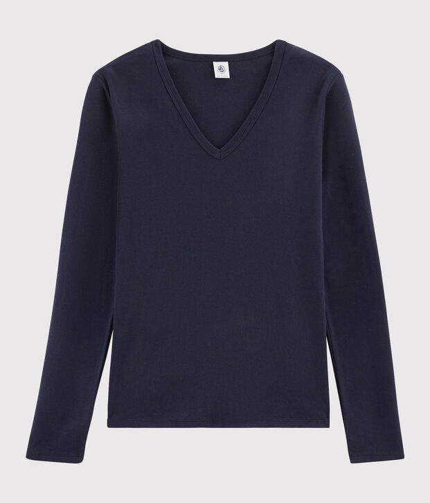 T-shirt col V iconique en coton Femme bleu marine