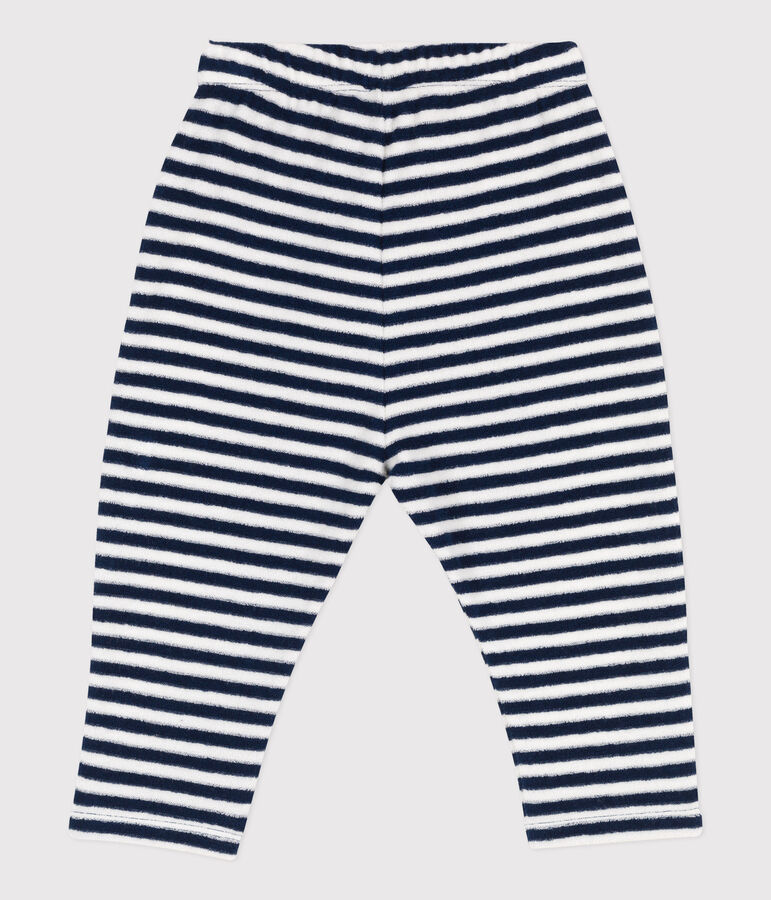 Pantalon b&eacute;b&eacute; en bouclette &eacute;ponge ray&eacute;e bleu MEDIEVAL/blanc MARSHMALLOW