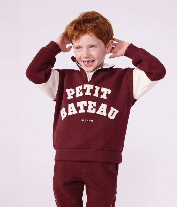 Sweatshirt col camionneur enfant en coton uni colorblock rouge/&eacute;cru