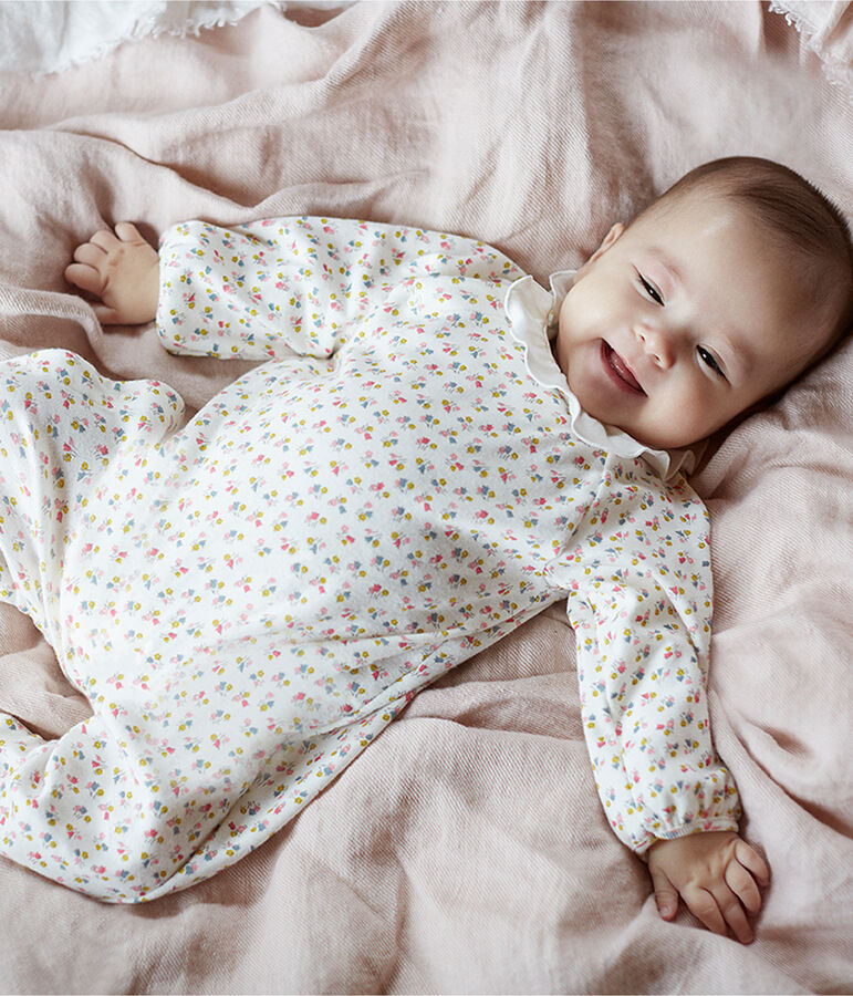 Combinaison longue b&eacute;b&eacute; fille en c&ocirc;te blanc MARSHMALLOW/blanc MULTICO