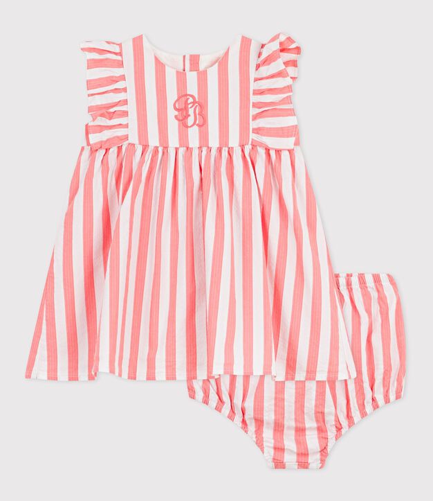 Robe b&eacute;b&eacute; en coton sans manches et son bloomer ray&eacute;s rose/blanc