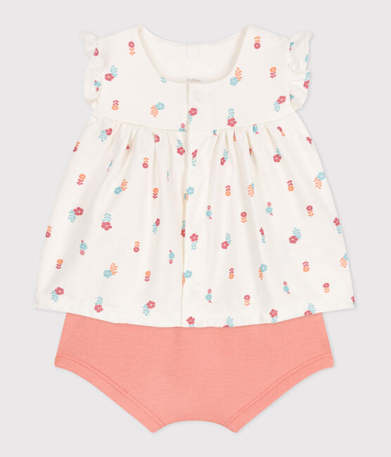 Ensemble naissance deux pièces en coton avec blouse volanté blanc MARSHMALLOW/blanc MULTICO