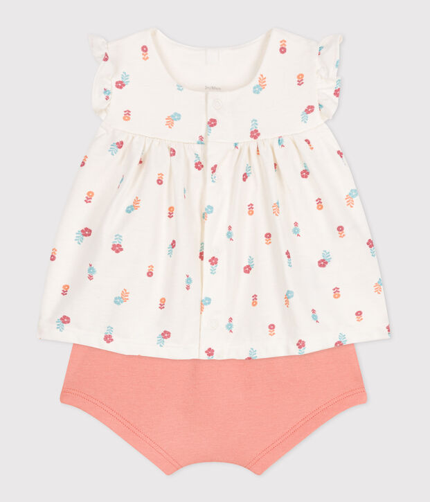 Ensemble naissance deux pi&egrave;ces en coton avec blouse volant&eacute; blanc/multicouleur