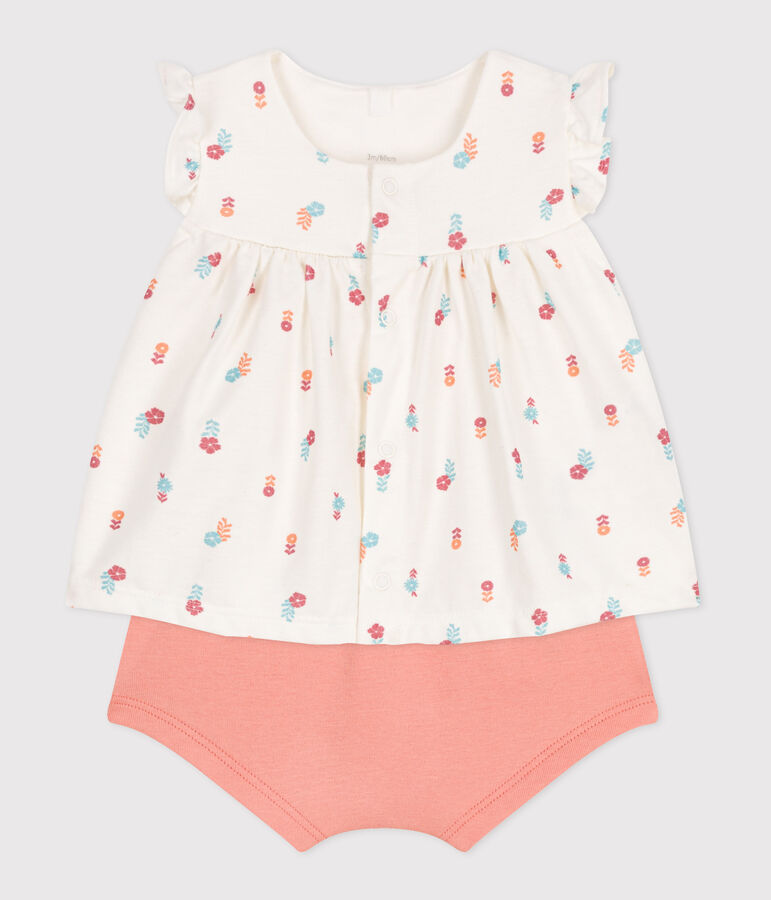 Ensemble naissance deux pi&egrave;ces en coton avec blouse volant&eacute; blanc MARSHMALLOW/blanc MULTICO