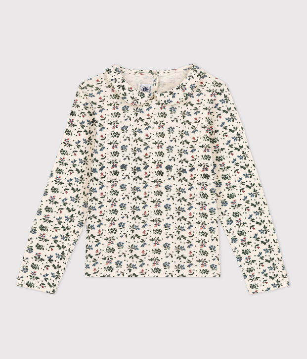 Tee-shirt fleuri &agrave; manches longues en coton enfant fille &eacute;cru/multicouleur