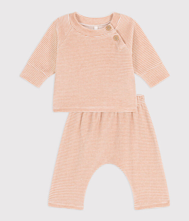 Ensemble 2 pi&egrave;ces b&eacute;b&eacute; en velours en coton beige/blanc