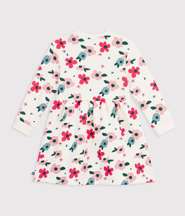 Robe enfant en coton manches longues &agrave; fleurs &eacute;cru/multicouleur