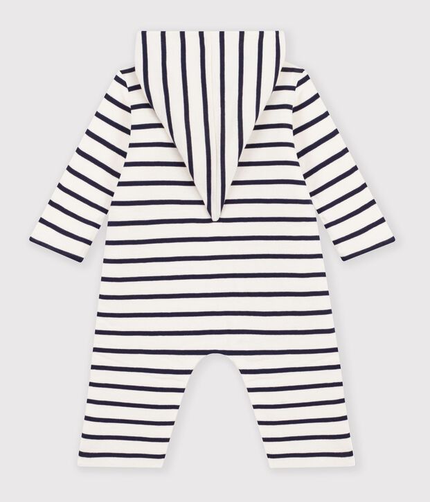 Combinaison b&eacute;b&eacute; &agrave; capuche ray&eacute;e blanc/bleu