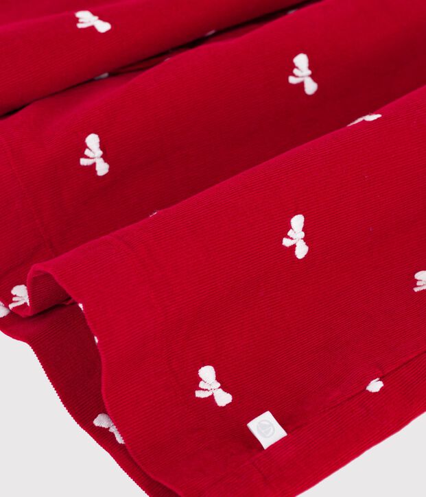Robe enfant en velours manches longue imprim&eacute;e n&oelig;uds rouge/&eacute;cru