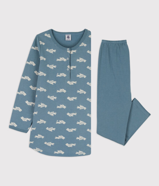 Chemise de nuit et legging oiseau petite fille en molleton et en coton bleu ROVER/blanc MARSHMALLOW