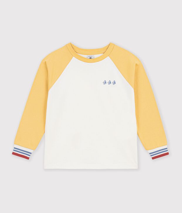Tee-shirt enfant manches longues en coton colorblock &eacute;cru/multicouleur