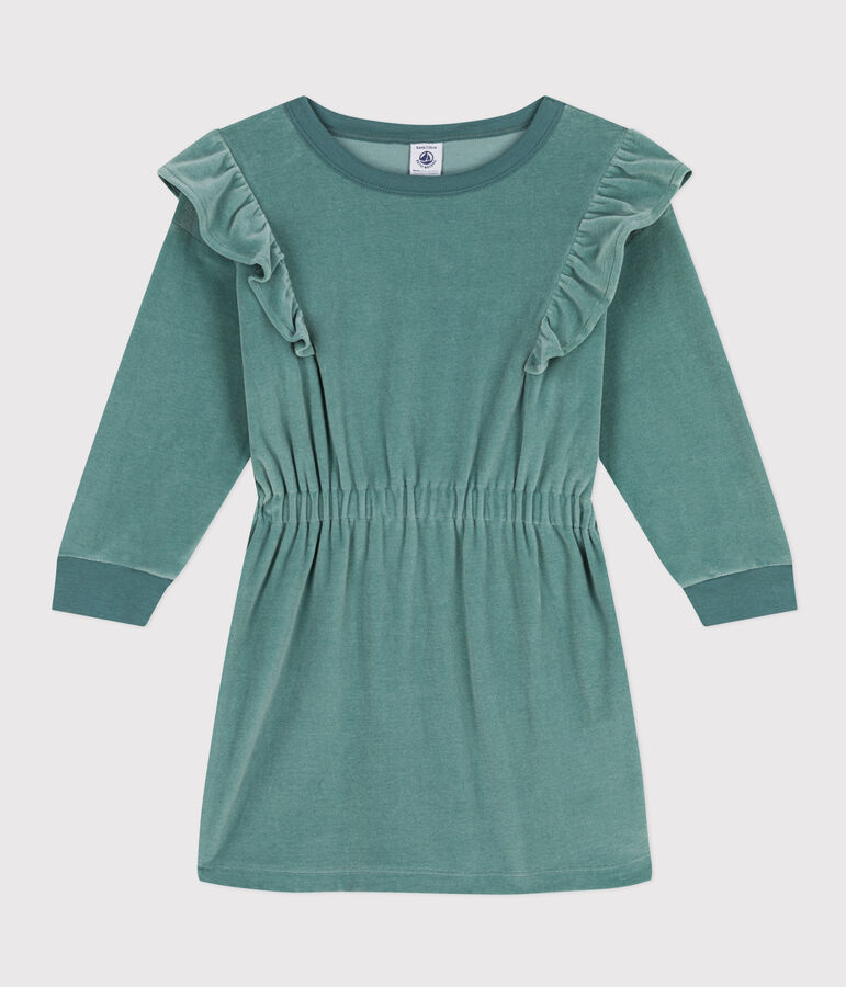Robe manches longues en bouclette velours unie enfant fille vert