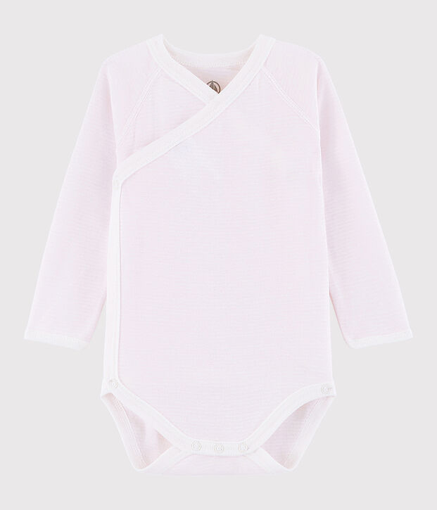 Body crois&eacute; manches longues b&eacute;b&eacute; fille rose/blanc