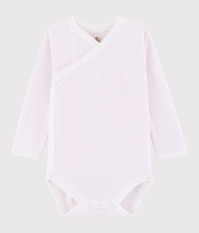 Body crois&eacute; manches longues b&eacute;b&eacute; fille rose VIENNE/blanc MARSHMALLOW