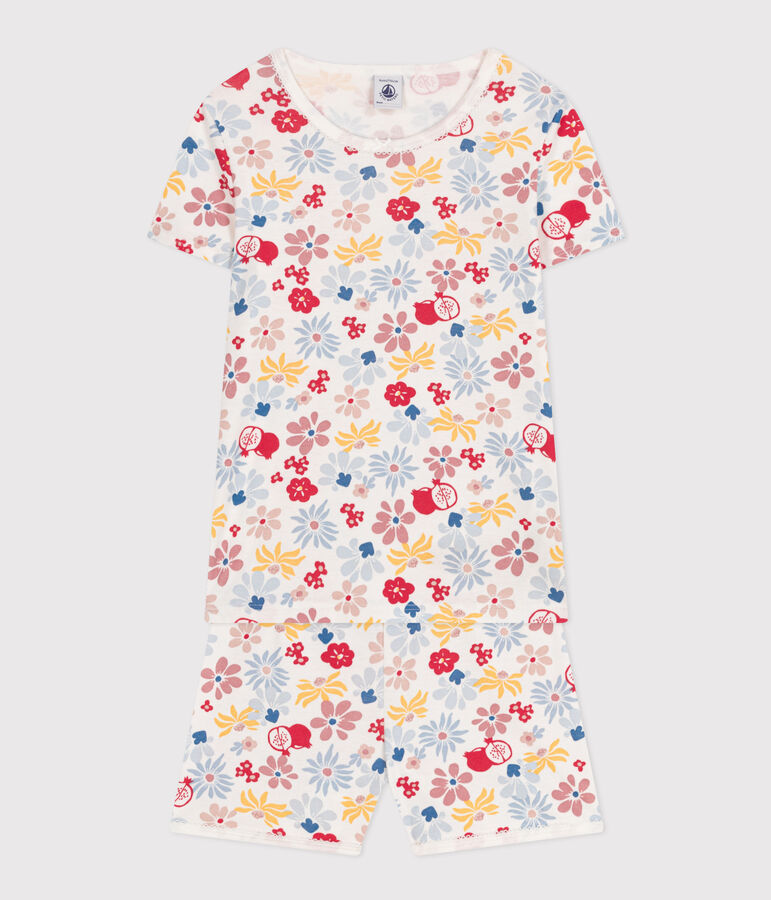 Pyjama short imprim&eacute; fleurs en coton enfant blanc MARSHMALLOW/blanc MULTICO