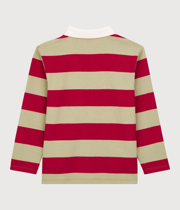 Polo manches longues ray&eacute;s en coton enfant gar&ccedil;on rouge/beige